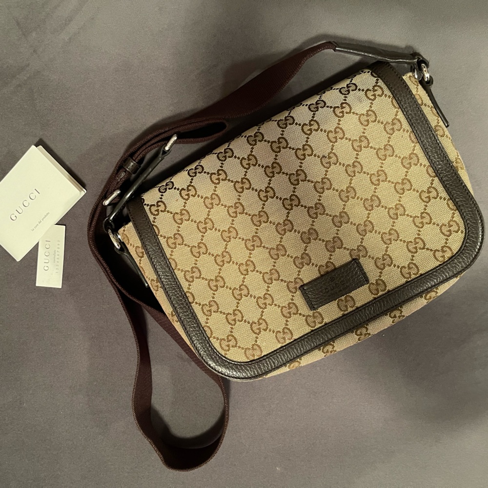 Authentic GUCCI 449172 GG pattern Messenger Shoulder Bag GGCanvas/Leather Beige